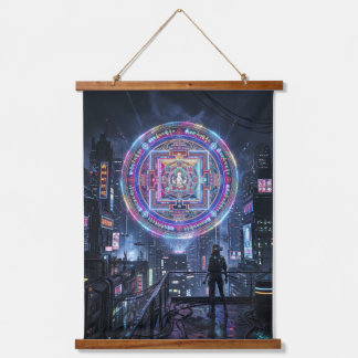 Tibetan Mandala Illuminating the Night: Cyberpunk Hanging Tapestry