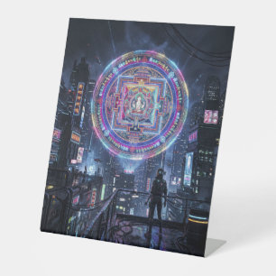 Tibetan Mandala Illuminating the Night: Cyberpunk Pedestal Sign