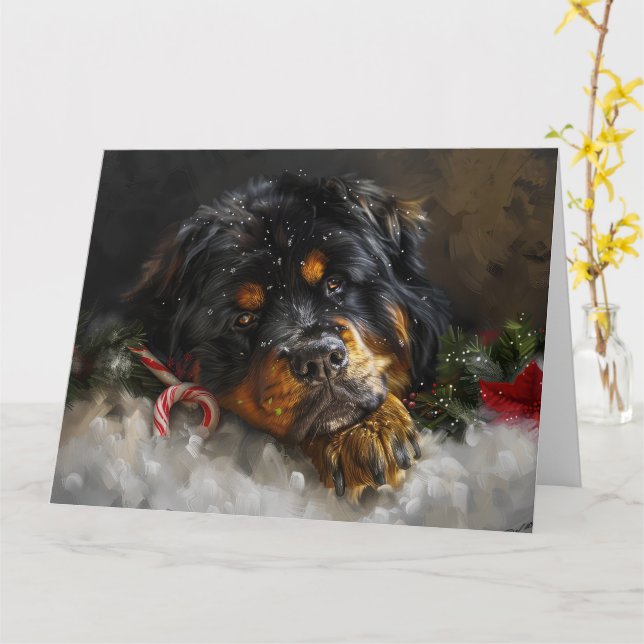 Tibetan Mastiff Dog Christmas Festive  Card (Yellow Flower)