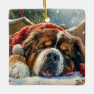Tibetan Mastiff Dog Christmas Festive  Ceramic Ornament