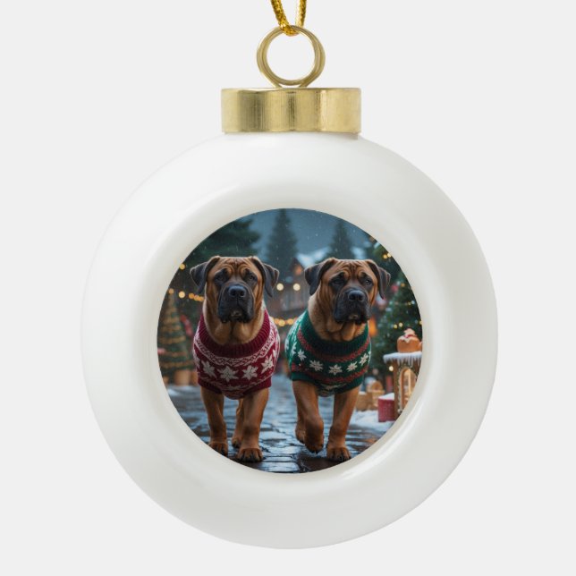 Tibetan Mastiff Dogs Christmas Snow Holiday Ceramic Ball Christmas Ornament (Front)