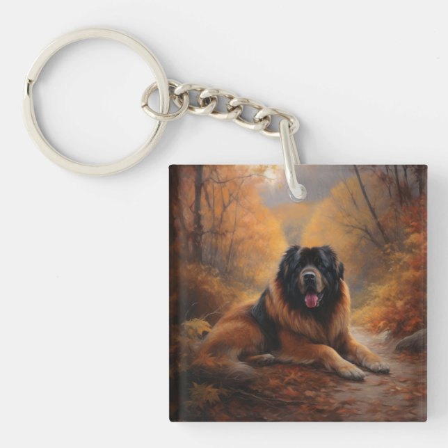 Tibetan Mastiff in Autumn Leaves Fall Inspire Key Ring (Front)