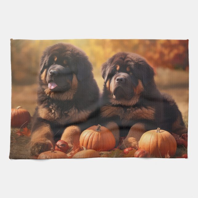Tibetan Mastiff Puppy Autumn Delight Pumpkin  Tea Towel (Horizontal)