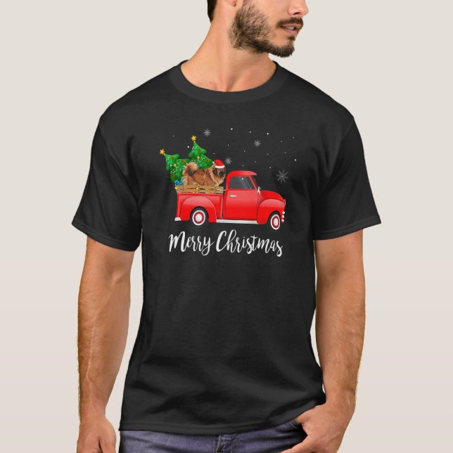 Tibetan Mastiff Red Truck Christmas Tree Xmas Dog T-Shirt (Front)