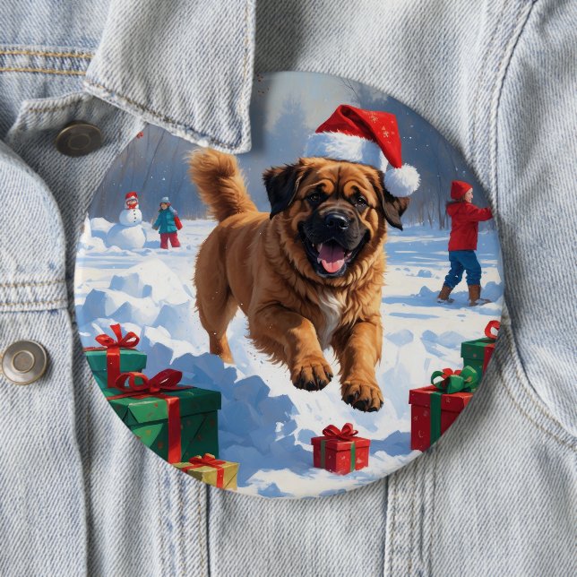 Tibetan Mastiff Running in Snow with Christmas Hat 6 Cm Round Badge (In Situ)