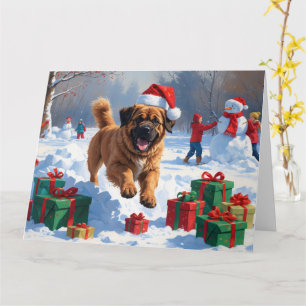 Tibetan Mastiff Running in Snow with Christmas Hat Card
