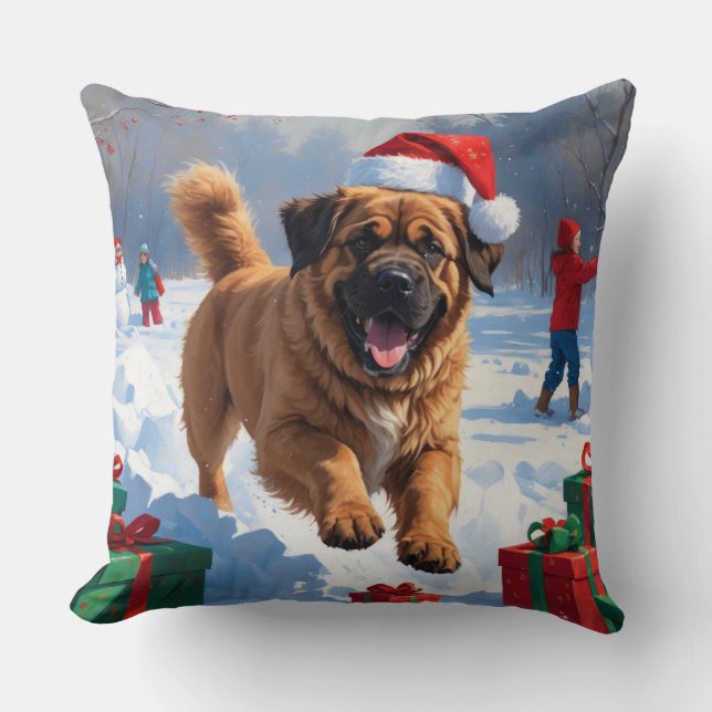 Tibetan Mastiff Running in Snow with Christmas Hat Cushion (Front)
