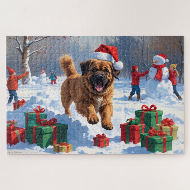 Tibetan Mastiff Running in Snow with Christmas Hat Jigsaw Puzzle (Horizontal)