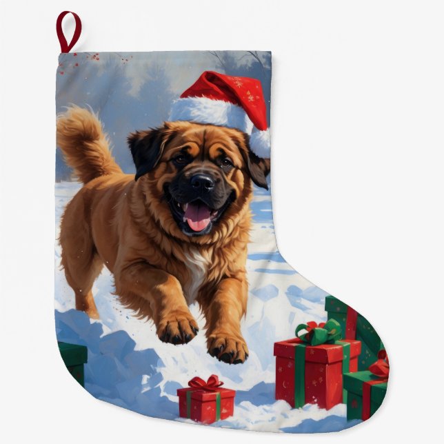 Tibetan Mastiff Running in Snow with Christmas Hat Large Christmas Stocking (Front)