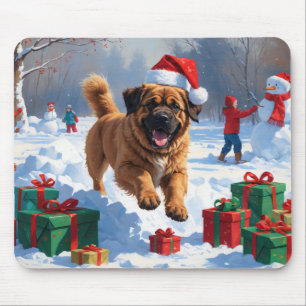 Tibetan Mastiff Running in Snow with Christmas Hat Mouse Pad