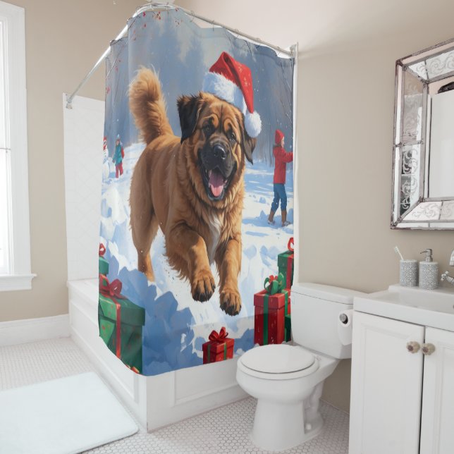 Tibetan Mastiff Running in Snow with Christmas Hat Shower Curtain (In Situ)