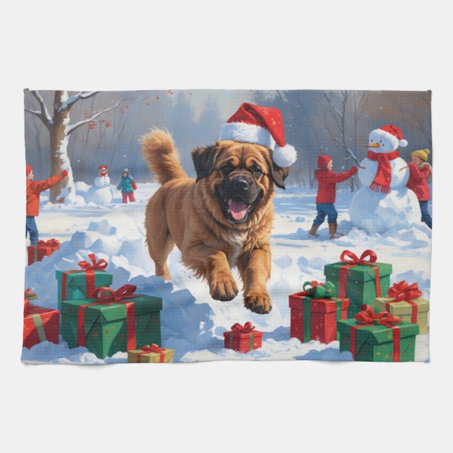 Tibetan Mastiff Running in Snow with Christmas Hat Tea Towel (Horizontal)
