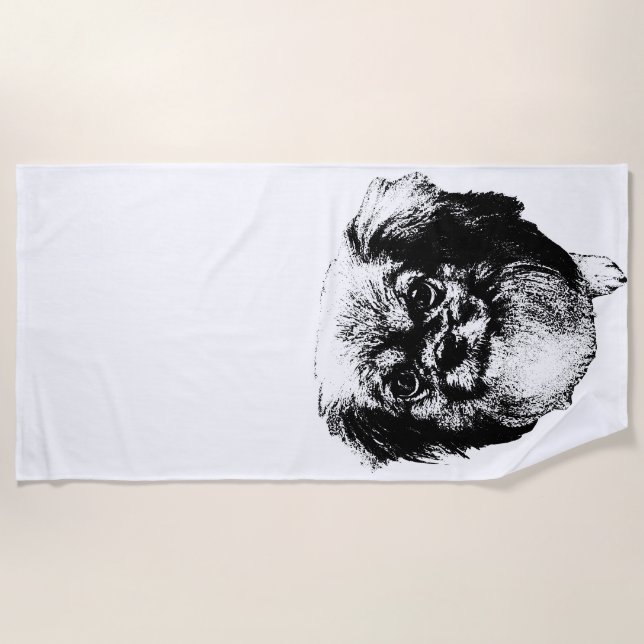 Tibetan Spaniel Beach Towel – Ink Line Art (Front)