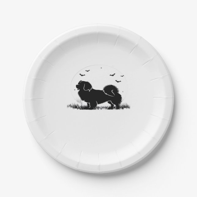 Tibetan Spaniel Dog � Halloween Moon Silhouette Ov Paper Plate (Front)