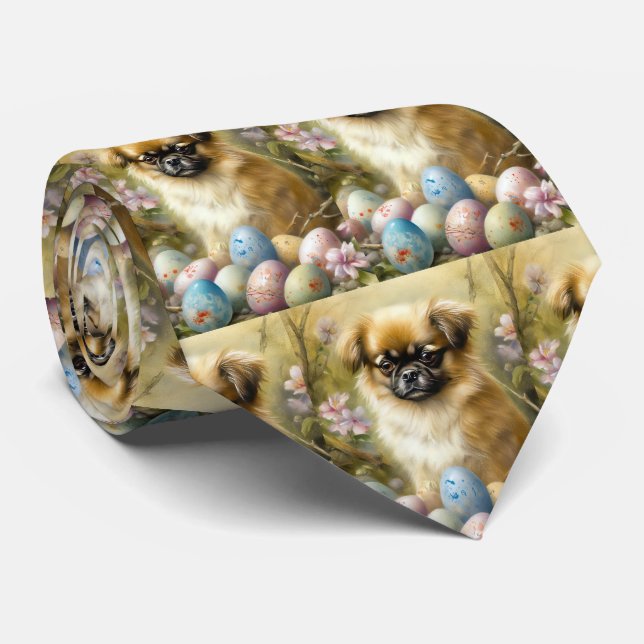 Tibetan Spaniel Dog with Easter Eggs Holiday Tie (Rolled)