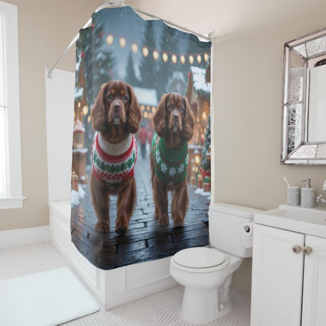 Tibetan Spaniel Dogs Christmas Snow Holiday Shower Curtain (In Situ)