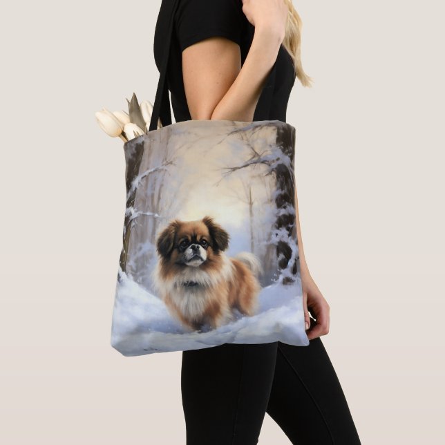 Tibetan Spaniel Let It Snow Christmas  Tote Bag (Close Up)