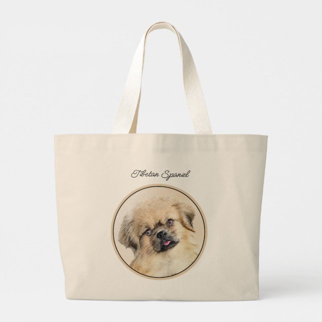 Tibetan Spaniel Painting Cream and White Dog Art Large Tote Bag (Back)