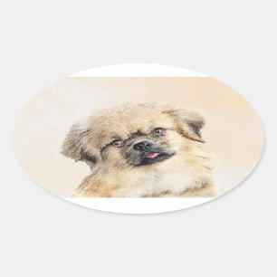 Tibetan Spaniel Painting - Cute Original Dog Art Oval Sticker