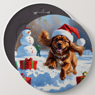 Tibetan Spaniel Running in Snow with Christmas Hat 6 Cm Round Badge