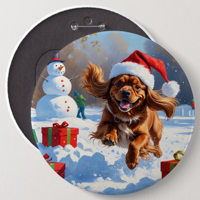 Tibetan Spaniel Running in Snow with Christmas Hat 6 Cm Round Badge (Front & Back)