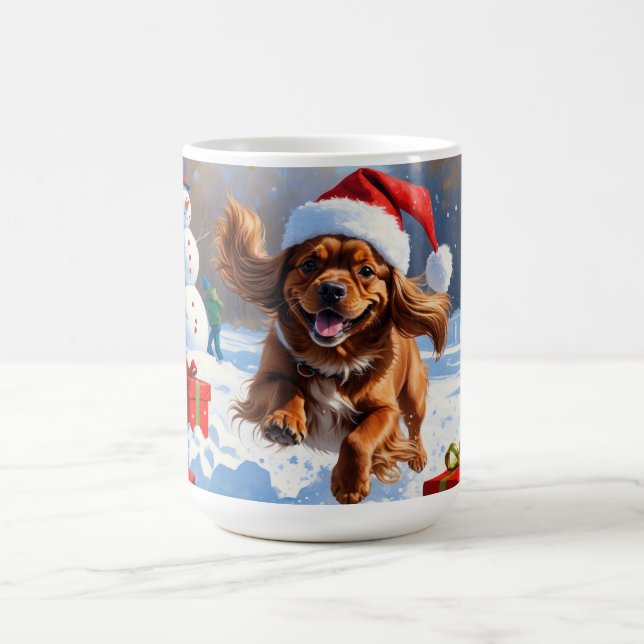 Tibetan Spaniel Running in Snow with Christmas Hat Coffee Mug (Center)