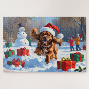 Tibetan Spaniel Running in Snow with Christmas Hat Jigsaw Puzzle