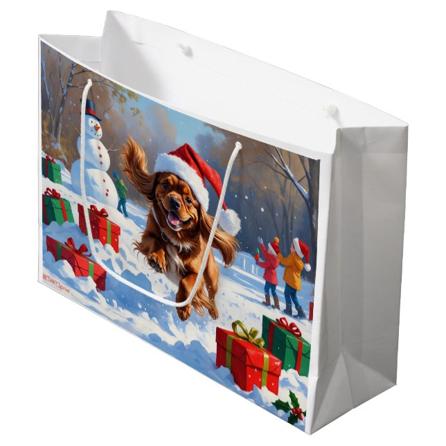 Tibetan Spaniel Running in Snow with Christmas Hat Large Gift Bag (Front Angled)