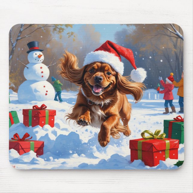 Tibetan Spaniel Running in Snow with Christmas Hat Mouse Pad (Front)