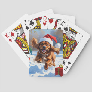 Tibetan Spaniel Running in Snow with Christmas Hat Playing Cards