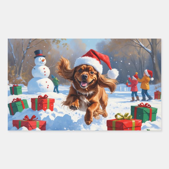 Tibetan Spaniel Running in Snow with Christmas Hat Rectangular Sticker (Front)