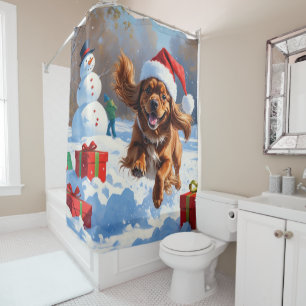 Tibetan Spaniel Running in Snow with Christmas Hat Shower Curtain