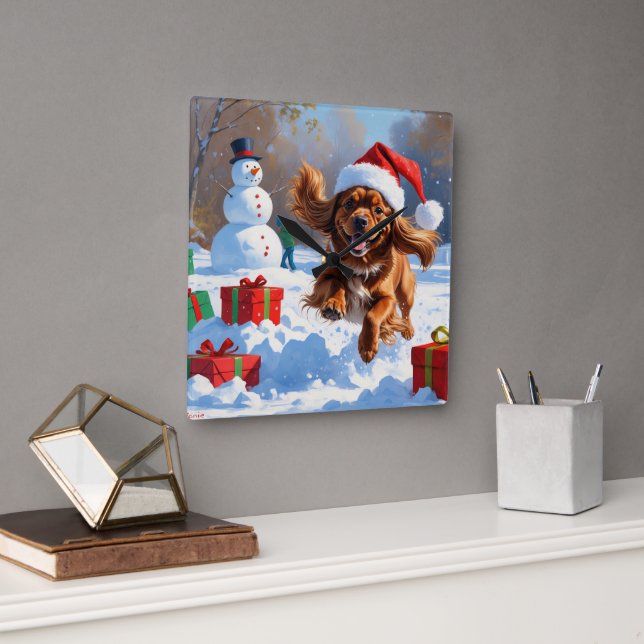 Tibetan Spaniel Running in Snow with Christmas Hat Square Wall Clock (Office)