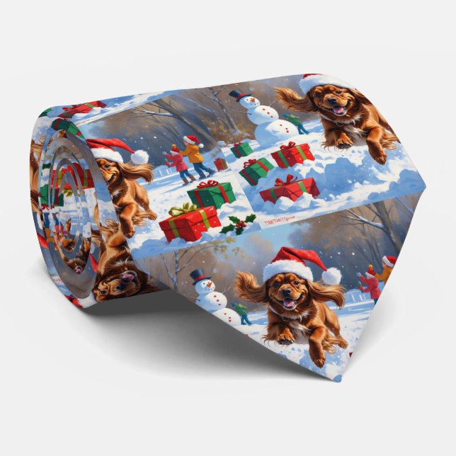 Tibetan Spaniel Running in Snow with Christmas Hat Tie (Rolled)