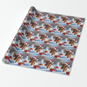 Tibetan Spaniel Running in Snow with Christmas Hat Wrapping Paper