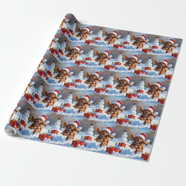 Tibetan Spaniel Running in Snow with Christmas Hat Wrapping Paper (Unrolled)