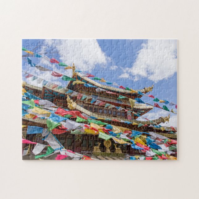 Tibetan Temple with prayer flags - Yunnan, China Jigsaw Puzzle (Horizontal)