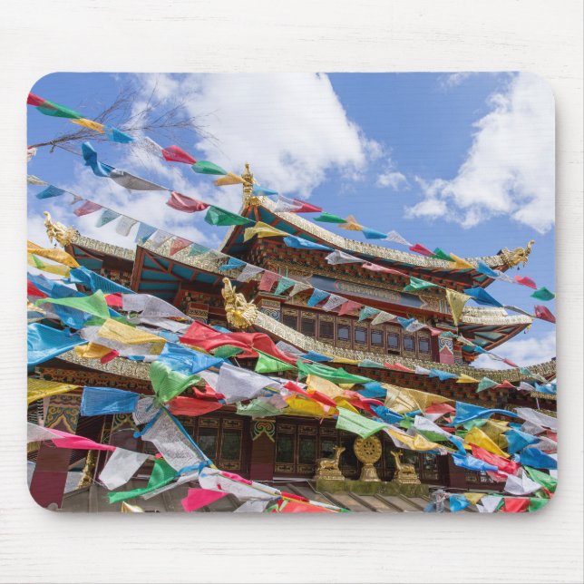 Tibetan Temple with prayer flags - Yunnan, China Mouse Pad (Front)