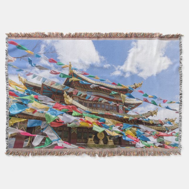 Tibetan Temple with prayer flags - Yunnan, China Throw Blanket (Front)