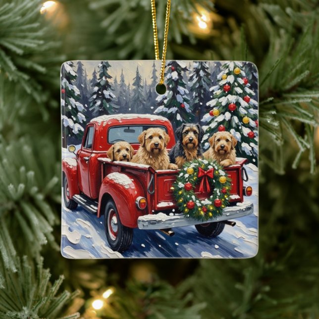 Tibetan Terrier Christmas Red Truck Holiday Ceramic Ornament (Tree)