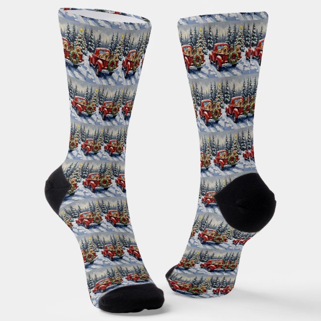 Tibetan Terrier Christmas Red Truck Holiday Socks (Angled)