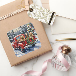 Tibetan Terrier Christmas Red Truck Holiday Square Sticker