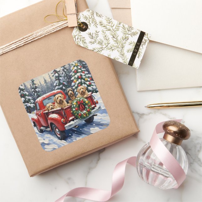 Tibetan Terrier Christmas Red Truck Holiday Square Sticker (Gifting)