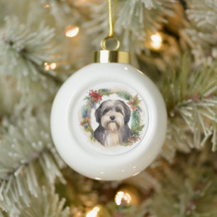 Tibetan Terrier Christmas Wreath Festive Pup Ceramic Ball Christmas Ornament