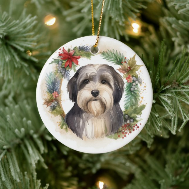 Tibetan Terrier Christmas Wreath Festive Pup  Ceramic Ornament (Tree)