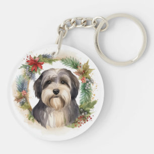 Tibetan Terrier Christmas Wreath Festive Pup  Key Ring