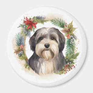 Tibetan Terrier Christmas Wreath Festive Pup Magnet