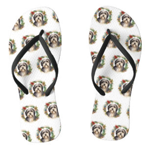 Tibetan Terrier Christmas Wreath Festive Pup Thongs