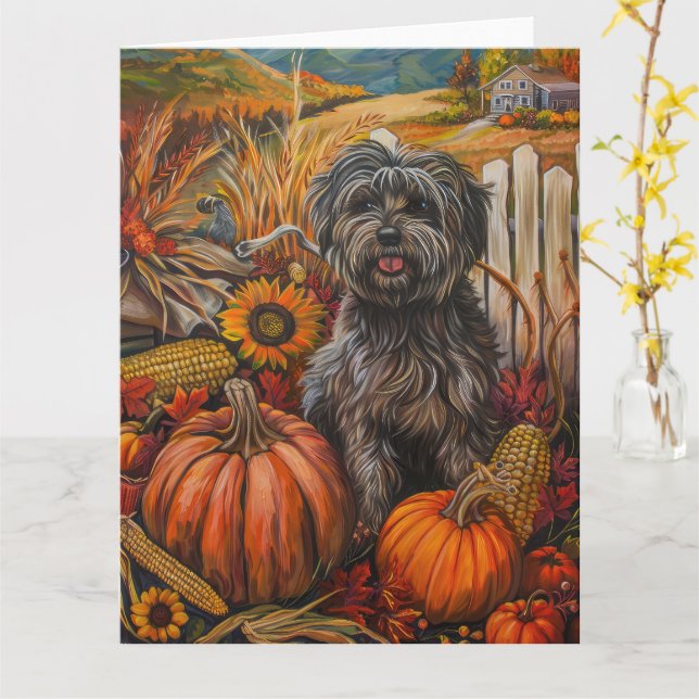 Tibetan Terrier Dog Autumn Harvest Thanksgiving Card (Yellow Flower)