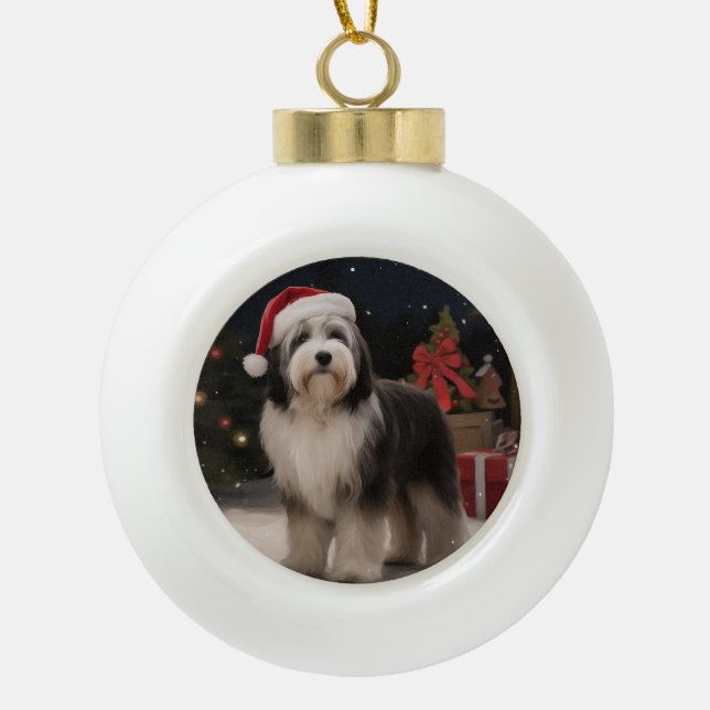 Tibetan Terrier Dog in Snow Christmas  Ceramic Ball Christmas Ornament (Front)